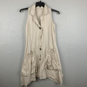 Forcynthia Vest Womens Small Beige Sleeveless Linen Blend Pockets Button Front